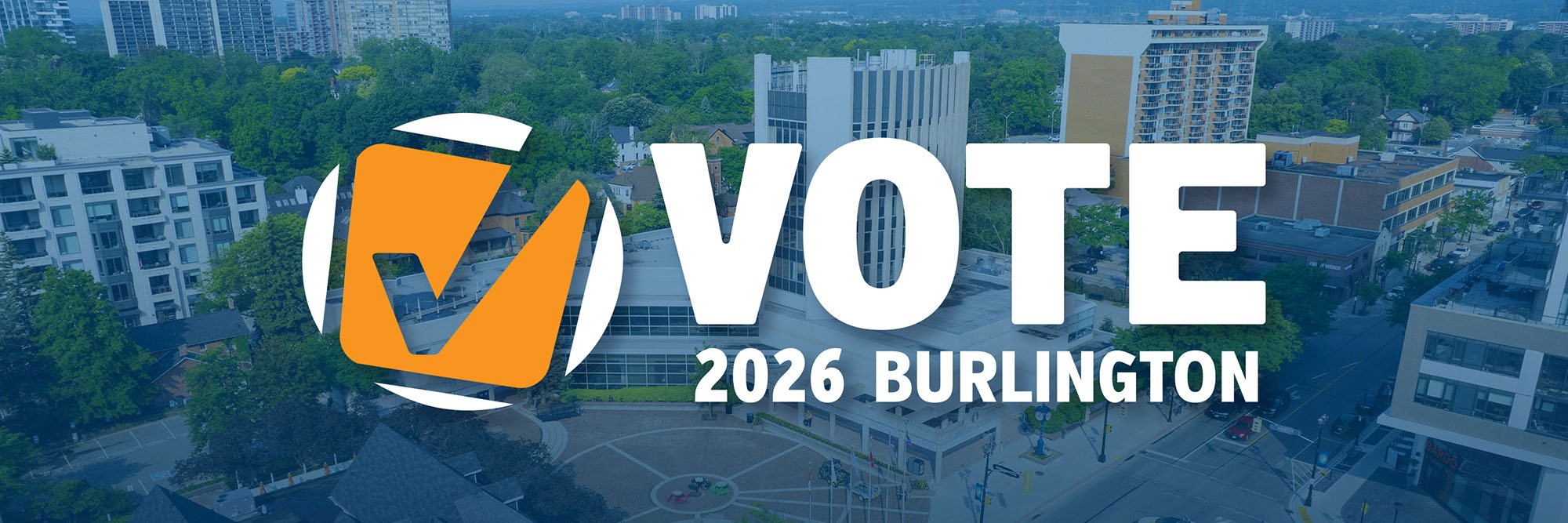 Aerial photo of City Hall with 2026 Burlington election identifier overlay