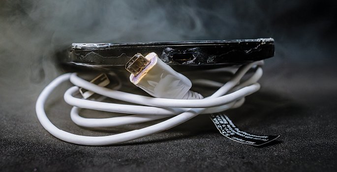 Image of melted cell phone and charge cable
