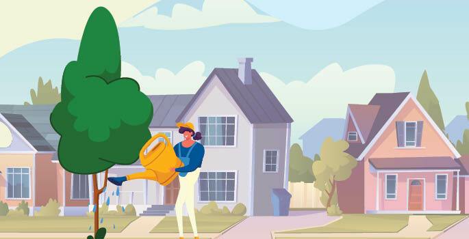 Cartoon image of City staff member planting tree in front of a home