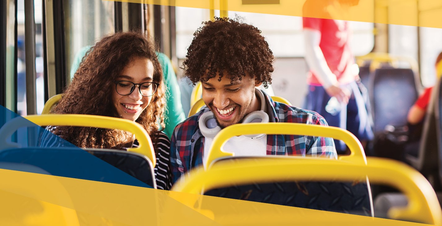 A decorative photo of a couple riding a bus