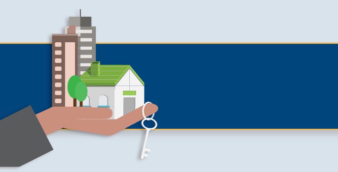 illustration of different types of homes in a hand with a key