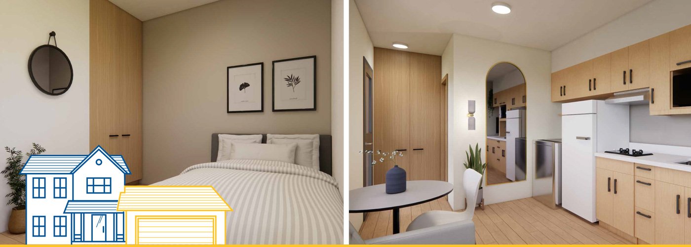Image - City offering 95K for each new Additional Residential Unit Photos of a bedroom and kitchen in a garage renovation