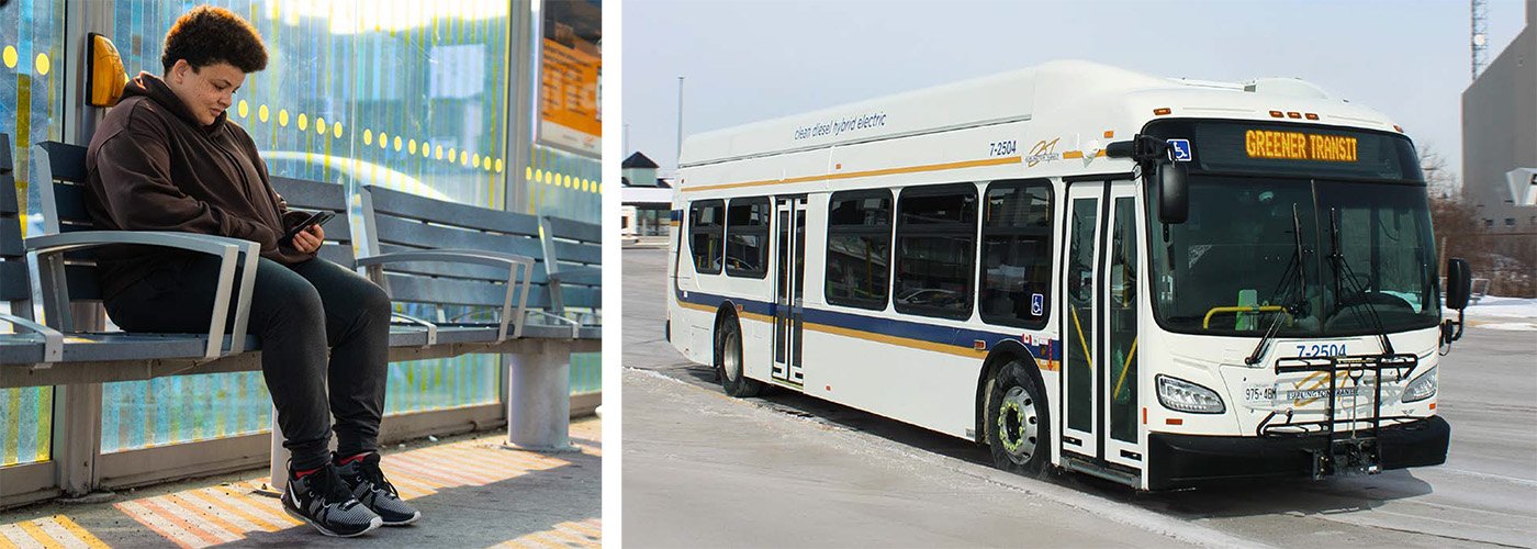 Burlington Transit is going green Young adult sitting at a bus stop, a new electric bus