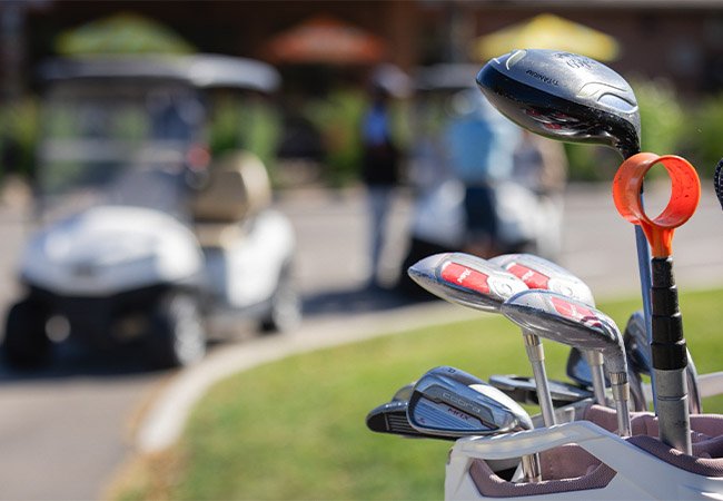 golf clubs in a bag on a golf course, set and ready for a great day of golfing