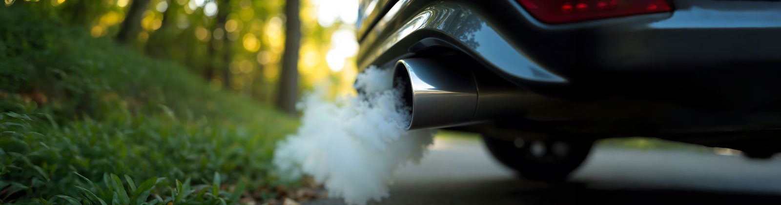 Close up of car exhaust with fumes in a grassy area